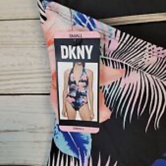 DKNY Halter Tropical Swimsuit Black Coral Large - Picture 9 of 13